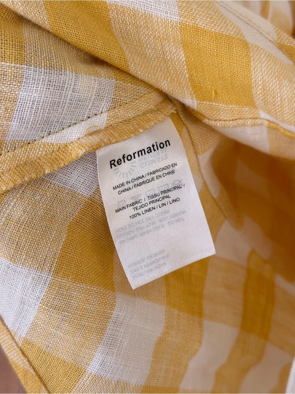 Reformation Yellow and White Gingham Lace-Up Peasant Top